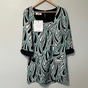 Tibi Black and Green Geometric Tunic Dress with Buttons